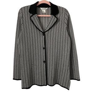 Misook Cardigan Top Womens Small Black Cream Chevron Button Up Long‎ Sleeve Knit